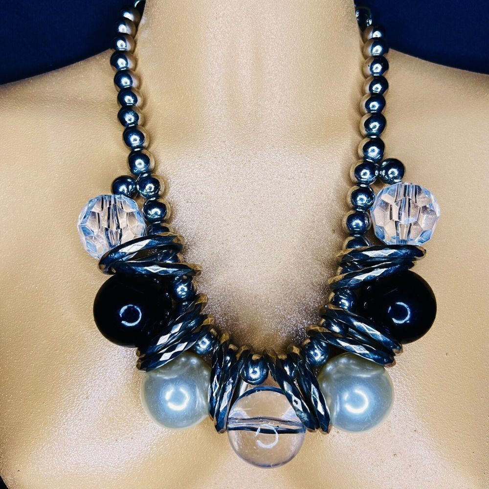 Vintage Chunky Necklace Pearl Black Clear Lucite Statement Beads Bib Huge 4369